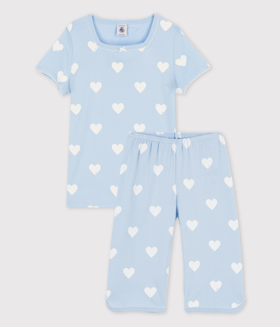 Pijama corto azul de corazón de algodón ecológico de niña azul JASMIN/blanco MARSHMALLOW