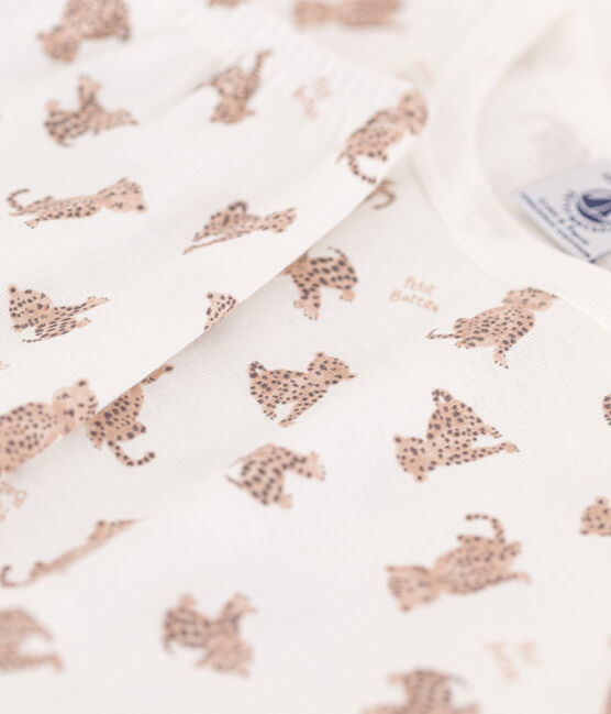 Pijama de manga corta con leopardos de algodón de niño/niña blanco MARSHMALLOW/blanco MULTICO