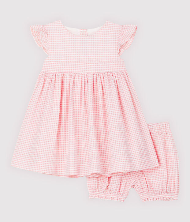 Vestido y pantaloncito bloomer de beb&eacute; ni&ntilde;a rosa/blanco