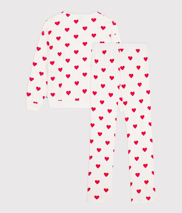 Pijama de algod&oacute;n con estampado de corazones para mujer blanco/rojo