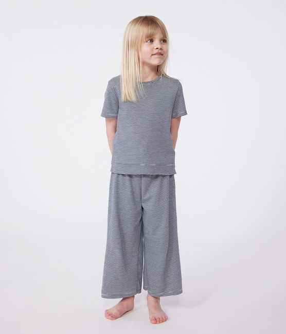 Pijama infantil de manga corta y pernera ancha de algodón a rayas azul SMOKING/blanco MARSHMALLOW