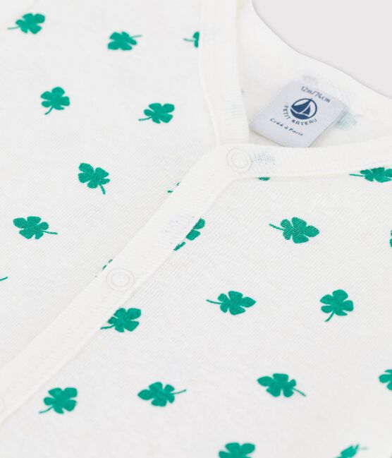 Pelele corto con estampado vegetal de lino y algodón de bebé blanco MARSHMALLOW/verde GAZON