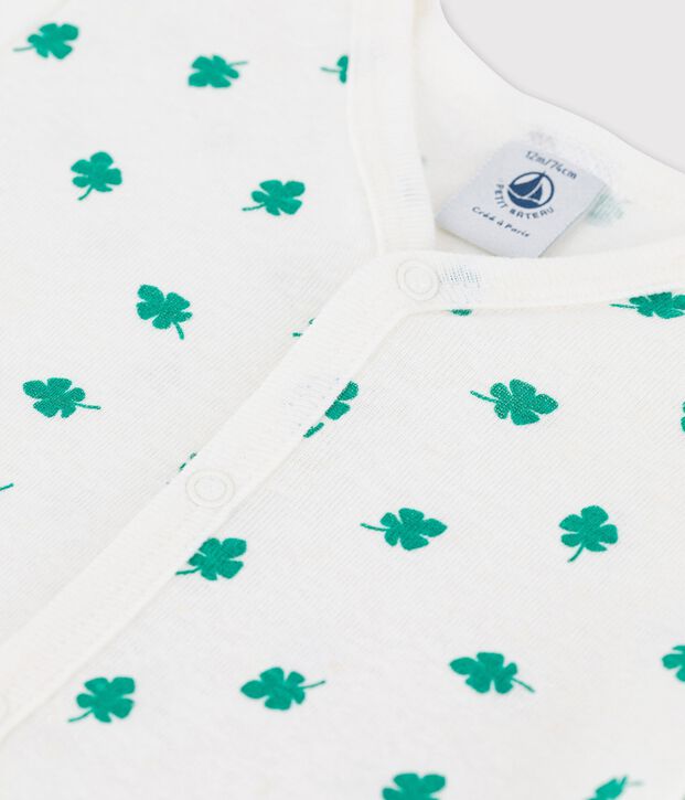 Pelele corto con estampado vegetal de lino y algod&oacute;n de beb&eacute; blanco/verde