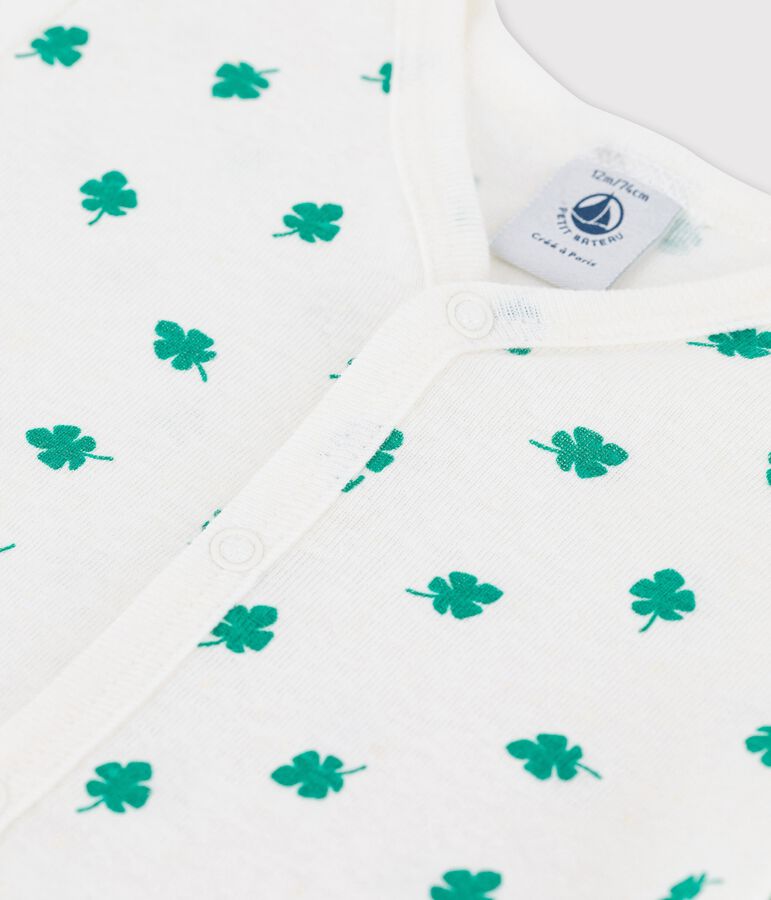Pelele corto con estampado vegetal de lino y algod&oacute;n de beb&eacute; blanco/verde
