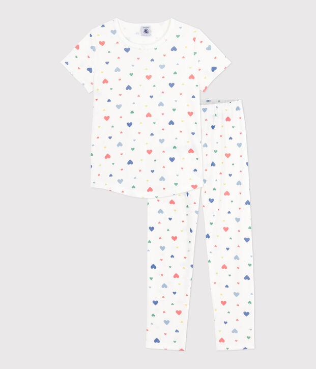 Pijama infantil de algod&oacute;n de manga corta y pierna larga con estampado blanco/multicolor