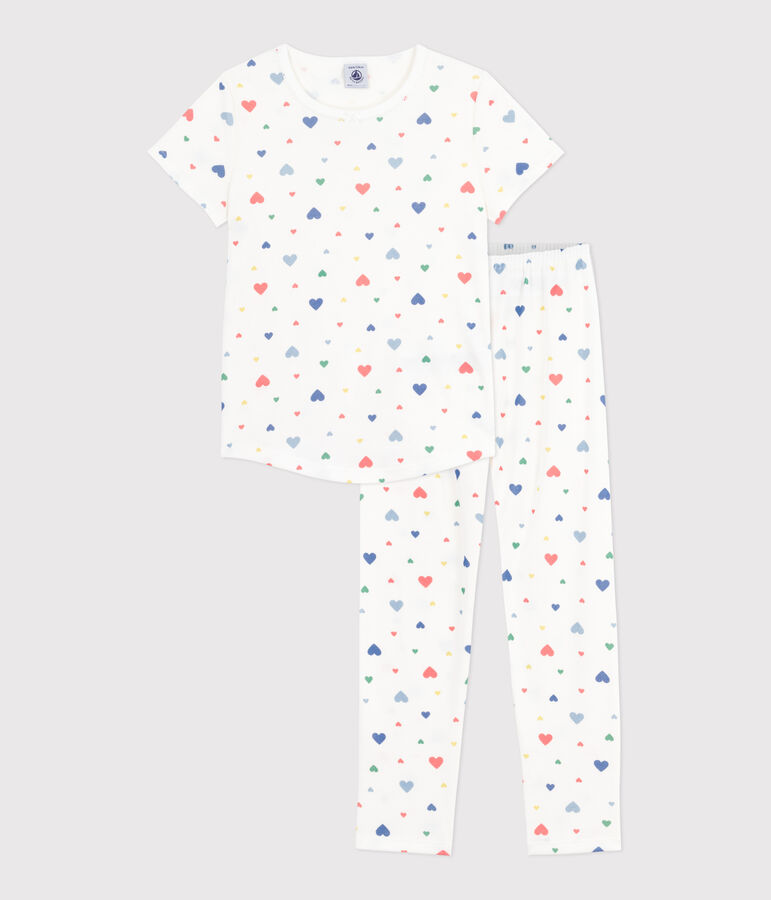 Pijama infantil de algod&oacute;n de manga corta y pierna larga con estampado blanco/multicolor