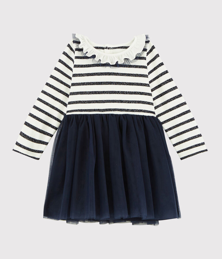 Vestido de manga larga para beb&eacute; ni&ntilde;a blanco MARSHMALLOW/ SMOKING ARGENT BRILLANT