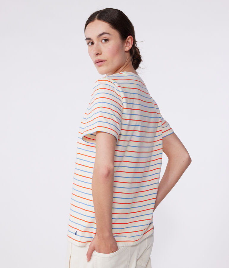Camiseta Recta de algod&oacute;n a rayas para mujer crudo/multicolor