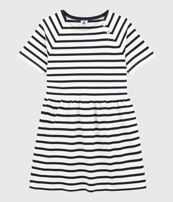 Vestido de manga corta de algodón de niña blanco MARSHMALLOW/azul SMOKING