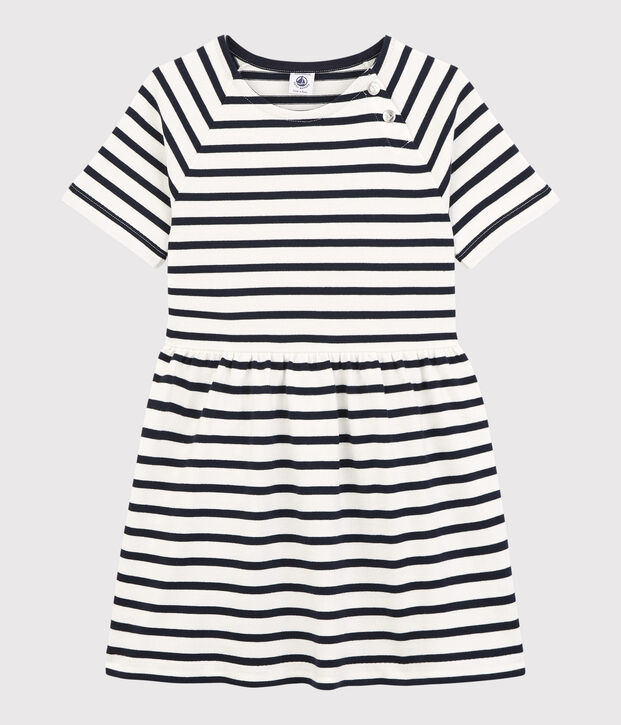 Vestido de manga corta de algod&oacute;n de ni&ntilde;a blanco/azul