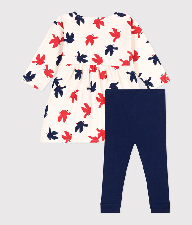Vestido de algod&oacute;n de manga larga y leggings con estampado de p&aacute;jaros para beb&eacute; crudo/multicolor