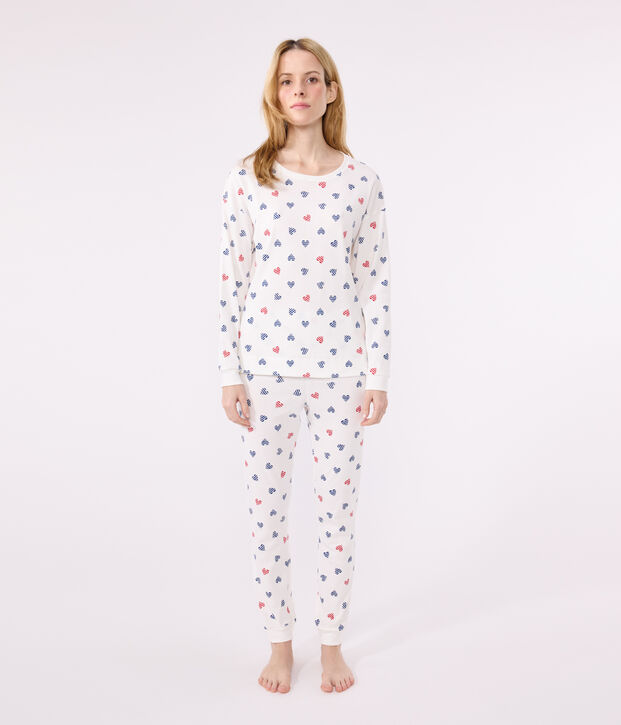 Pijama de algod&oacute;n con estampado de corazones para mujer blanco/multicolor