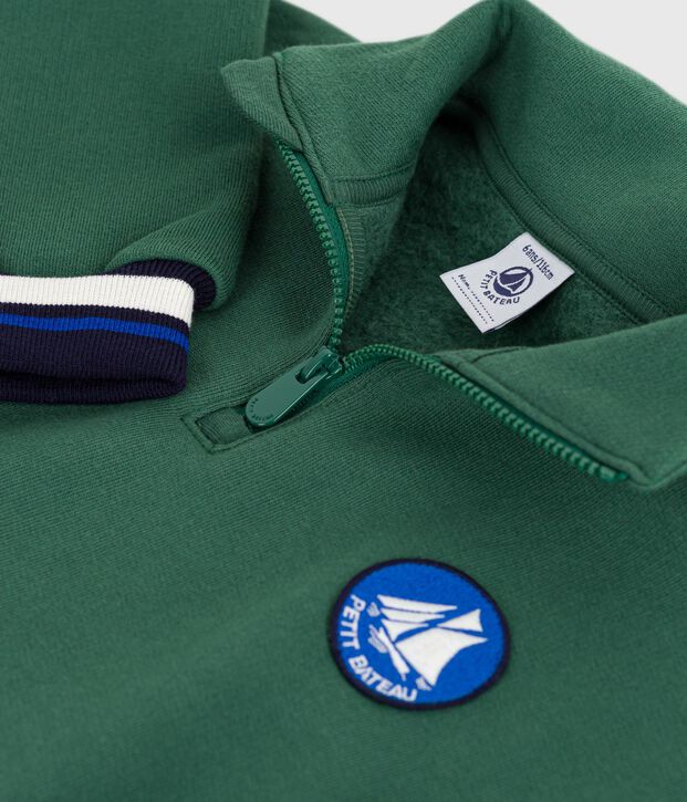 Sudadera infantil de algod&oacute;n liso con cremallera en el cuello verde