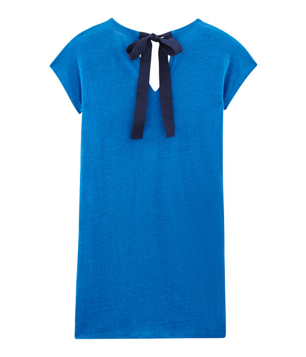 Vestido manga corta de lino para mujer azul