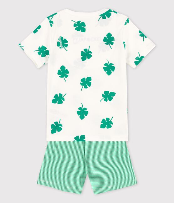 Pijama corto de algodón orgánico con motivo de hojas de palmera para niño blanco MARSHMALLOW/verde GAZON