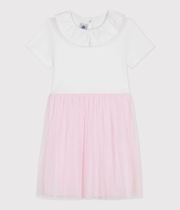 Vestido infantil de algod&oacute;n y tul de manga corta con estampado de corazones rosa/rosa