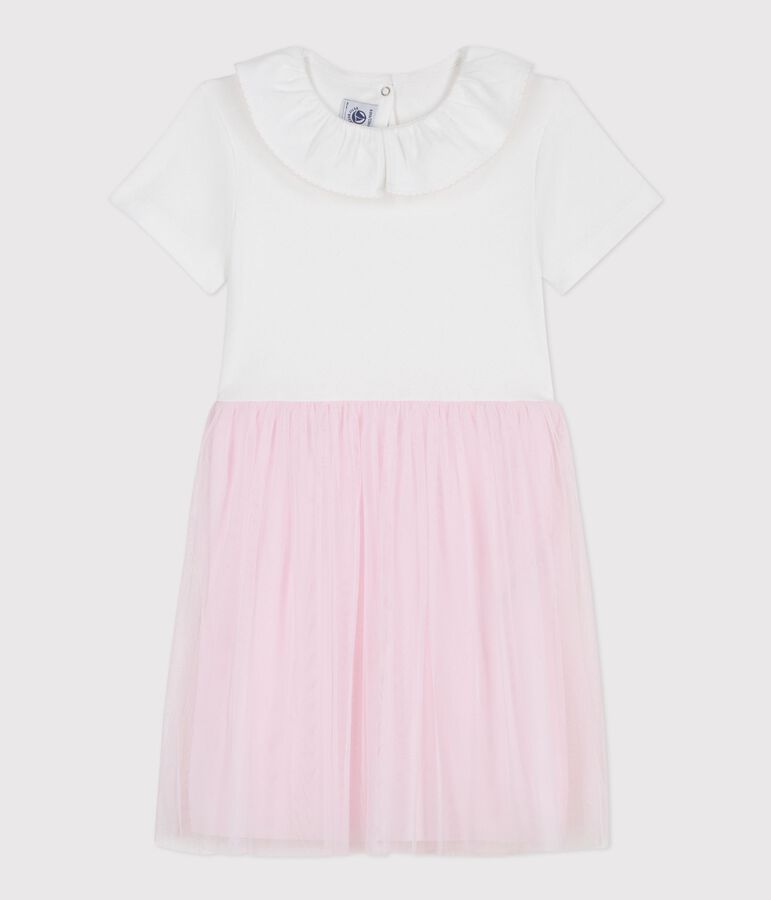 Vestido infantil de algod&oacute;n y tul de manga corta con estampado de corazones rosa/rosa