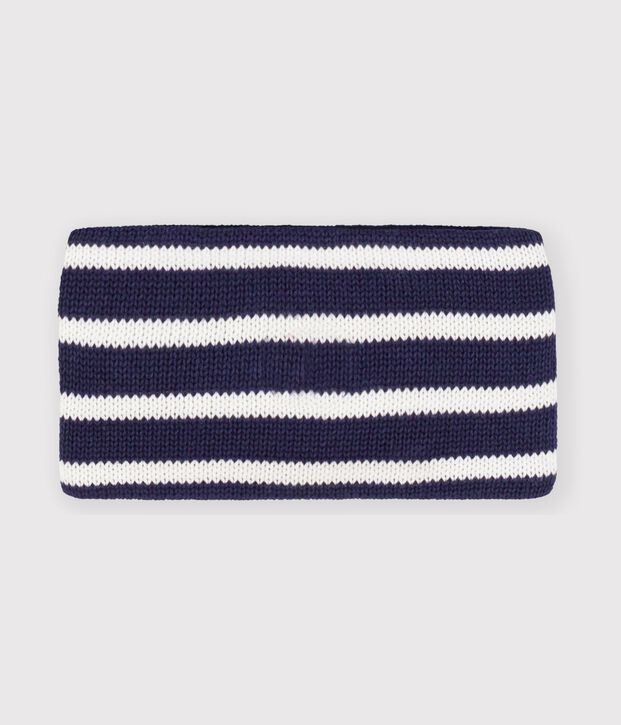 Braga de cuello a rayas de punto tricotado con forro polar para beb&eacute; azul/crudo