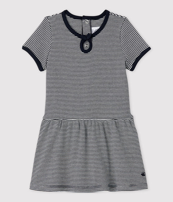 Vestido de manga corta de canalé 2x2 de bebé niña azul SMOKING/blanco MARSHMALLOW