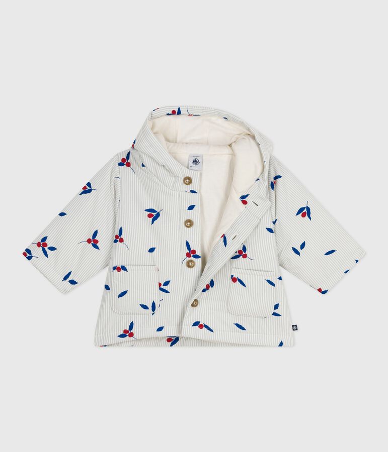 Abrigo de popelina enguatada con capucha y estampado de fruto para beb&eacute; azul/multicolor