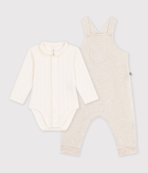Conjunto de peto y body de algod&oacute;n con cuello liso para beb&eacute; crudo/crudo