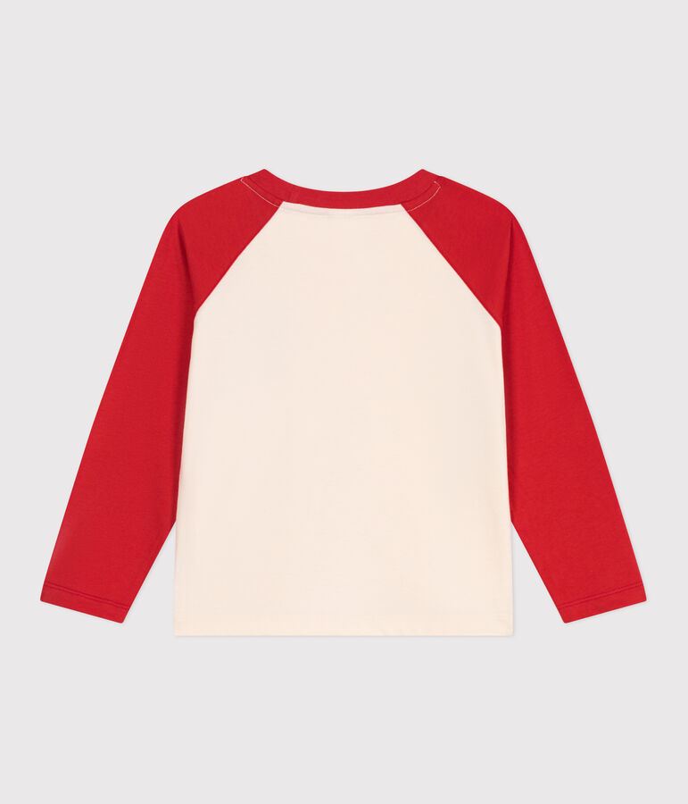 Camiseta infantil de algod&oacute;n de manga larga colorblock crudo/rojo