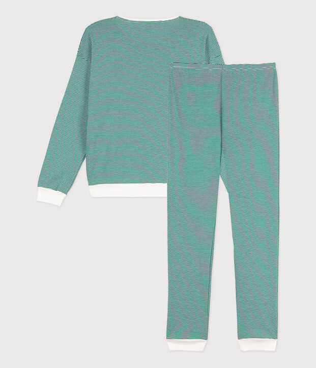 Pijama milrayas de algod&oacute;n de mujer verde/blanco
