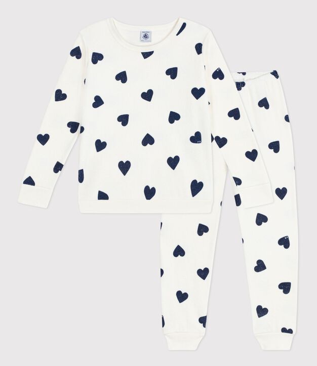 Pijama infantil de rizo de algod&oacute;n con estampado de corazones azul/azul