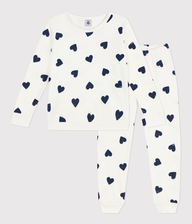 Pijama infantil de rizo de algod&oacute;n con estampado de corazones azul/azul