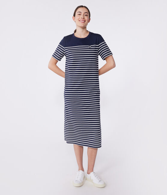Vestido largo de algodón a rayas para mujer azul SMOKING/blanco MARSHMALLOW