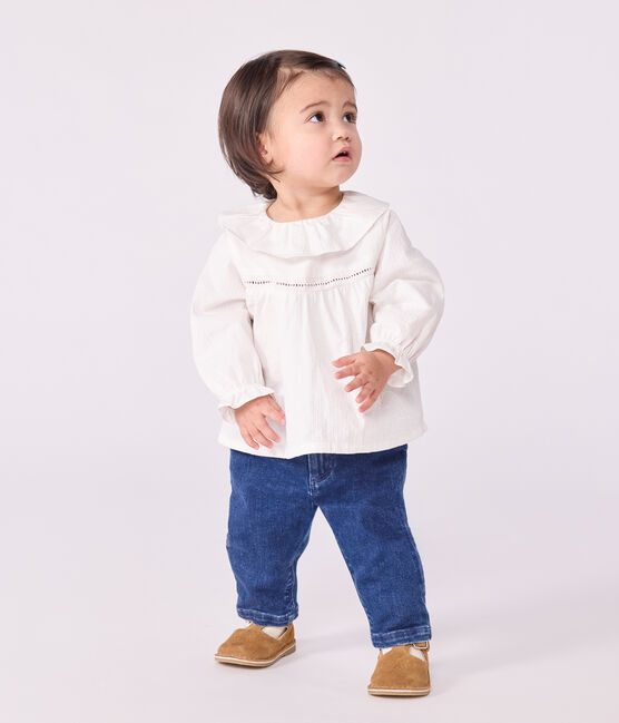 Blusa de popelina de algodón de manga larga con cuello y bordado blanco ECUME