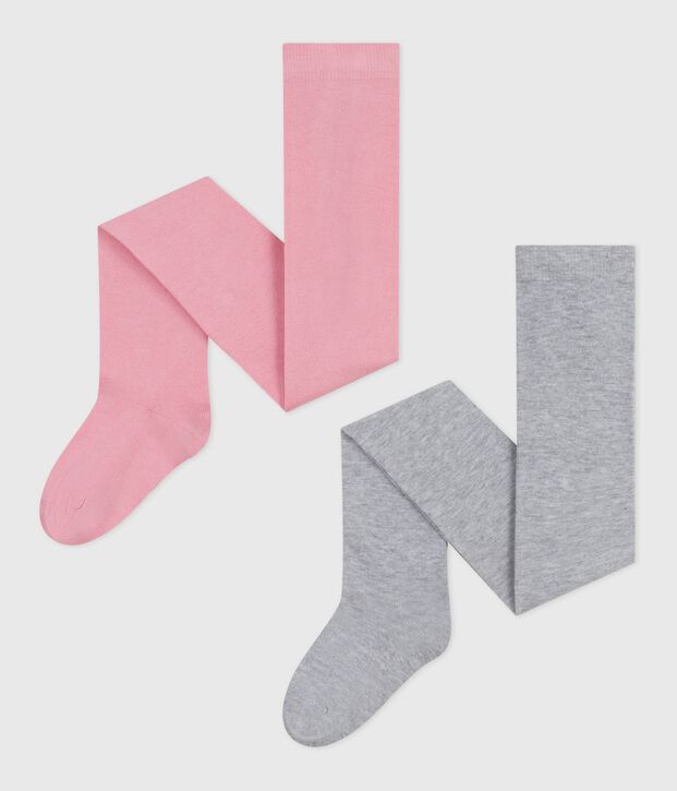 Juego de 2 pares de leotardos infantiles de punto de algod&oacute;n rosa/gris