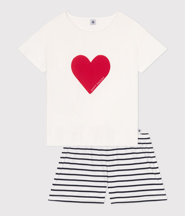Pijama corto de algod&oacute;n con estampado de corazones para mujer blanco/azul