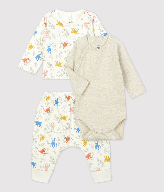 Conjunto de 3 piezas con estampado de monos de tejido túbico ecológico para bebé blanco MARSHMALLOW/blanco MULTICO