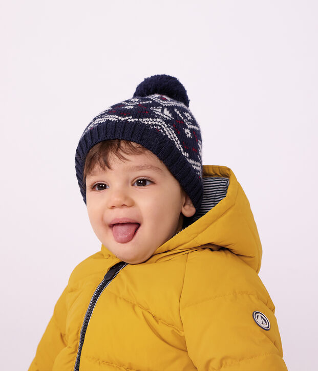 Gorro jacquard de lana y algod&oacute;n con forro polar para beb&eacute; azul/crudo/rojo