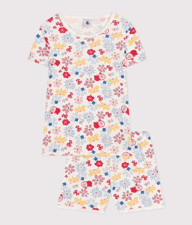 Pijama corto infantil de algod&oacute;n con estampado de flores blanco/multicolor