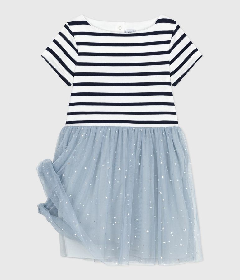 Vestido infantil de algod&oacute;n de manga corta a rayas azul/multicolor