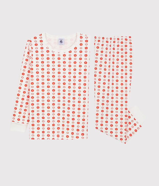Pijama de ni&ntilde;a/ni&ntilde;o con estampado gr&aacute;fico de algod&oacute;n org&aacute;nico blanco/rojo