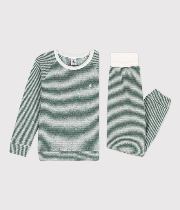 Pijama de rizo de algod&oacute;n milrayas para ni&ntilde;o/ni&ntilde;a verde/blanco