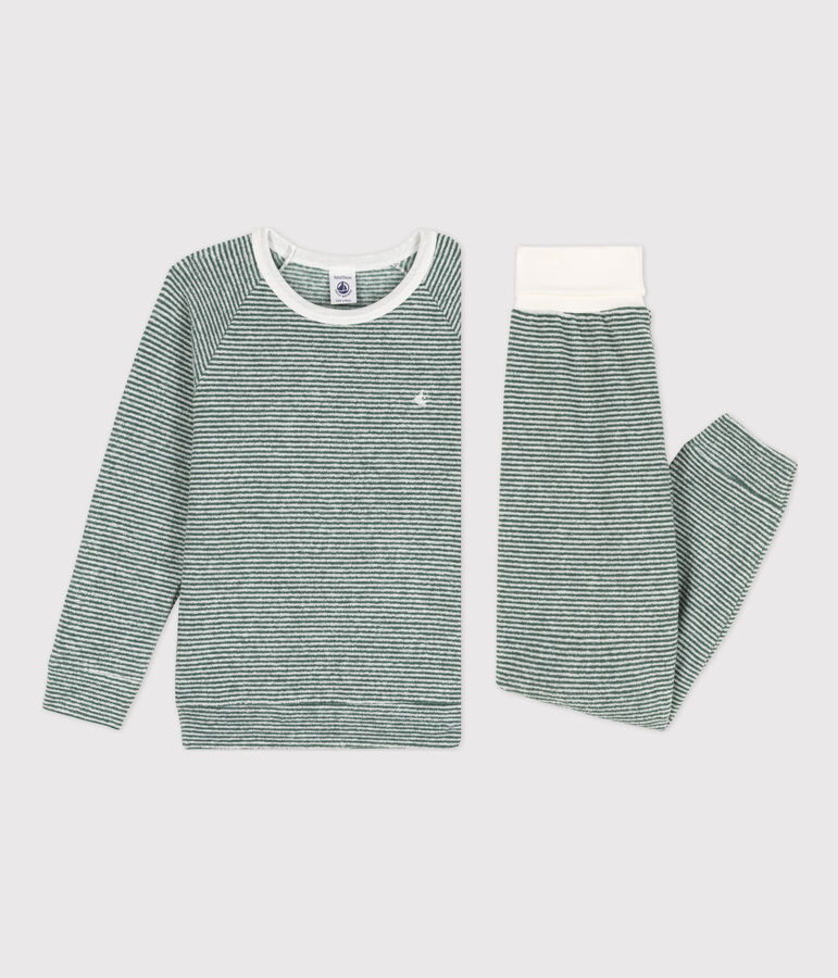 Pijama de rizo de algod&oacute;n milrayas para ni&ntilde;o/ni&ntilde;a verde VALLEE/blanco MARSHMALLOW