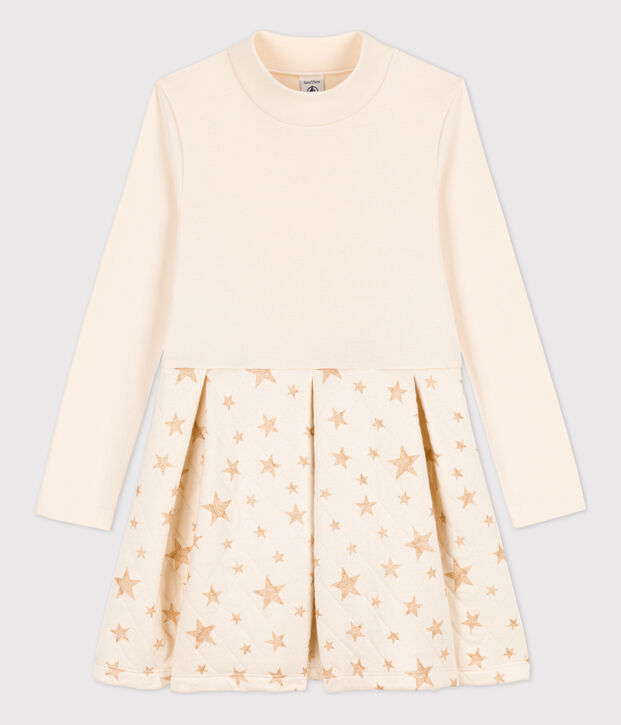 Vestido de dos materiales de manga larga para ni&ntilde;a crudo