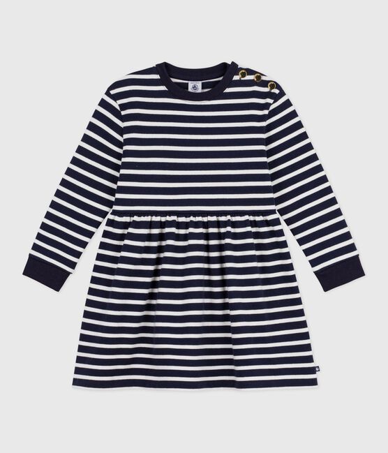 Vestido infantil de manga larga de algodón azul SMOKING/blanco MARSHMALLOW