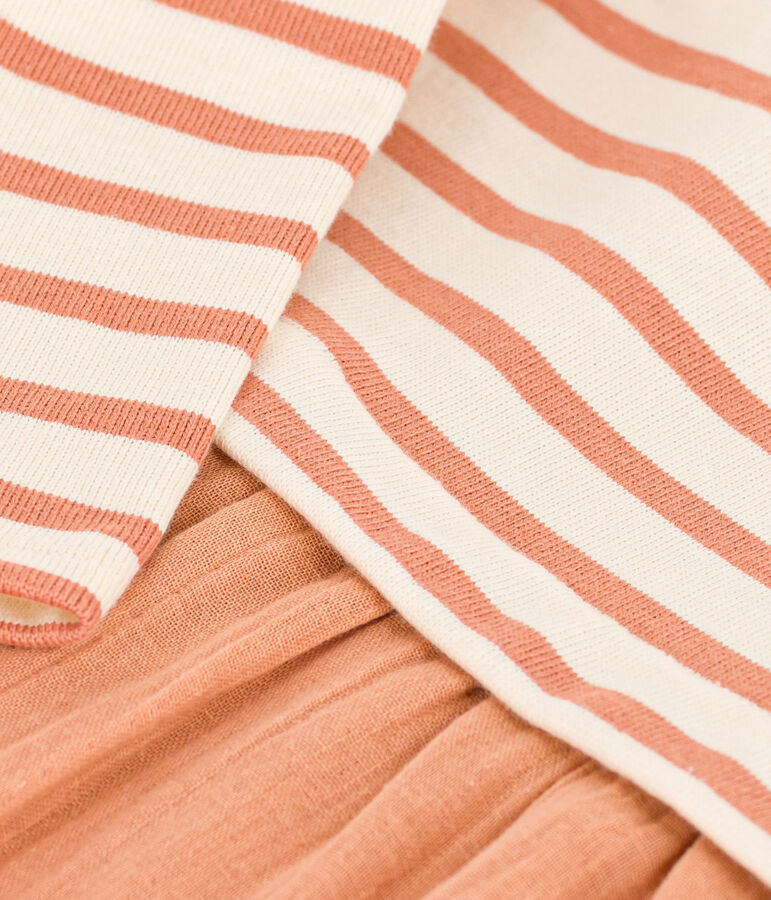 Vestido de dos materiales de manga larga de beb&eacute; rosa/crudo