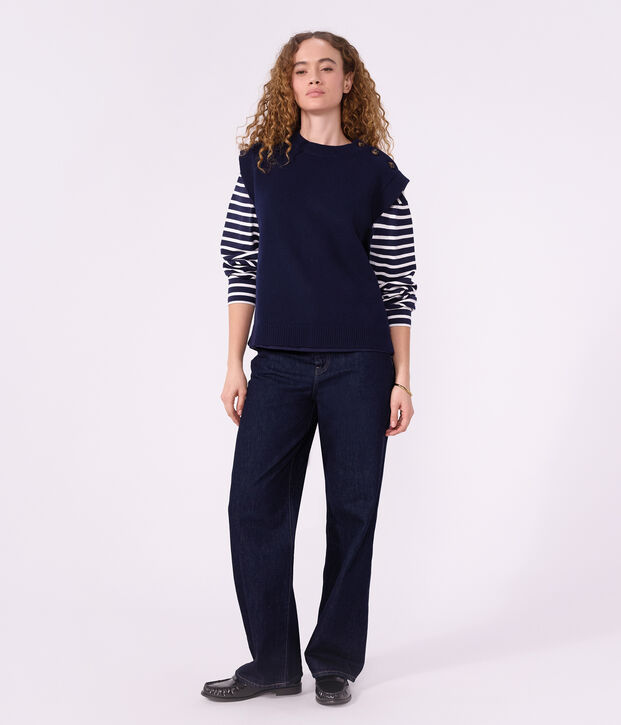 Marinera de algod&oacute;n de manga larga para mujer azul/blanco