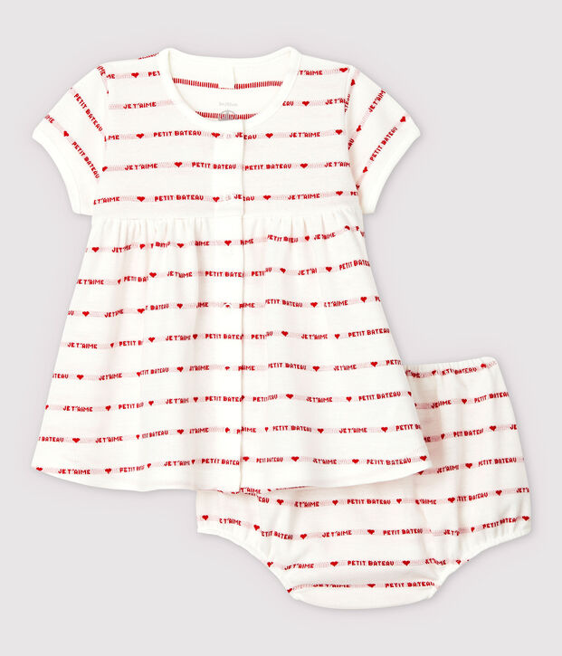 Vestido de manga corta con braguitas bloomer de beb&eacute; ni&ntilde;a en jacquard de algod&oacute;n ecol&oacute;gico blanco/rojo