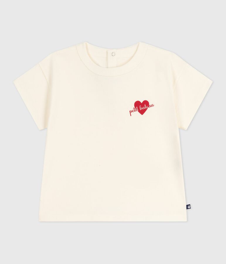 Camiseta de algod&oacute;n de manga larga con estampado de coraz&oacute;n para beb&eacute; crudo