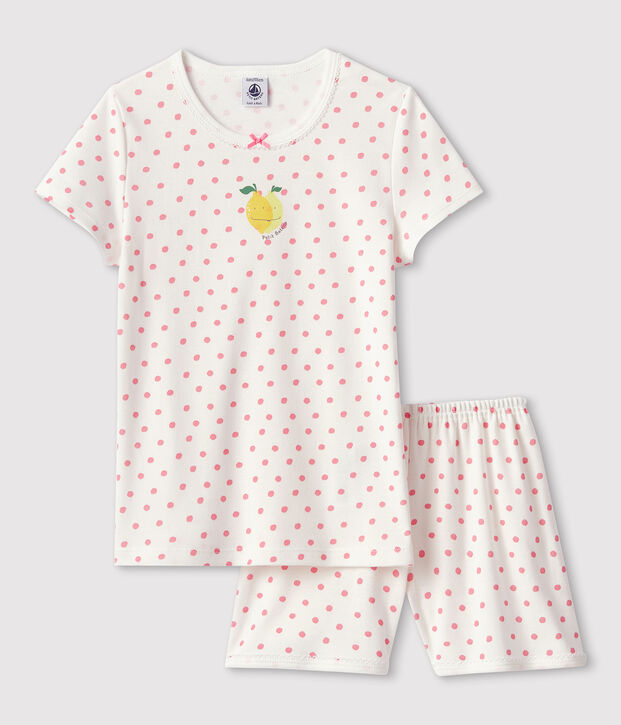 Pijama corto de lunares rosas de ni&ntilde;a de algod&oacute;n blanco/rosa