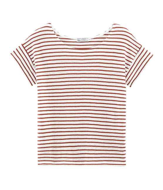 Camiseta manga corta de lino para mujer blanco MARSHMALLOW/rosa COPPER