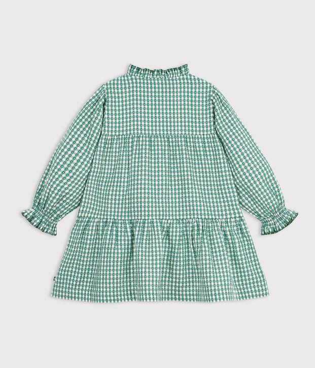 Vestido vichy infantil de popelina de manga larga verde/blanco