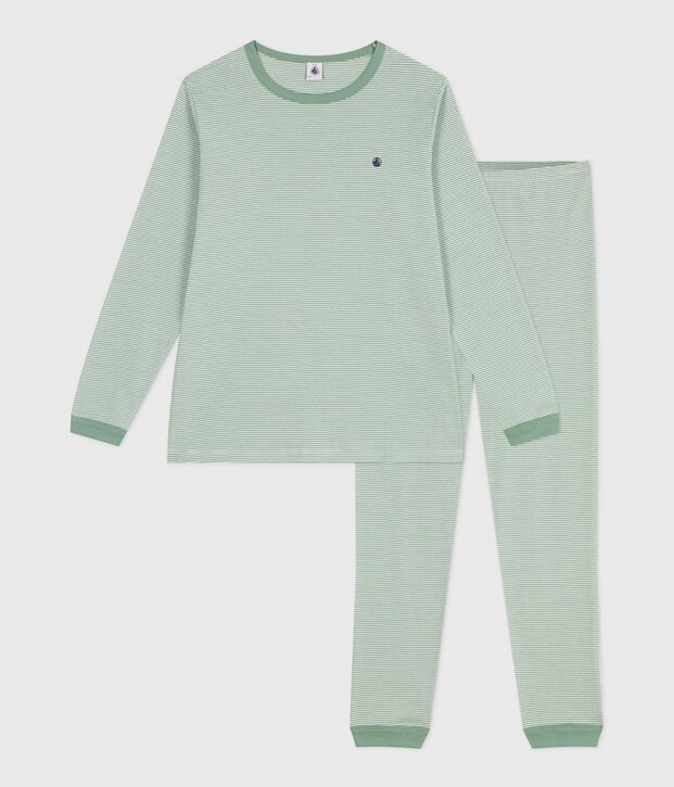 Pijama infantil de algod&oacute;n a rayas verde/blanco